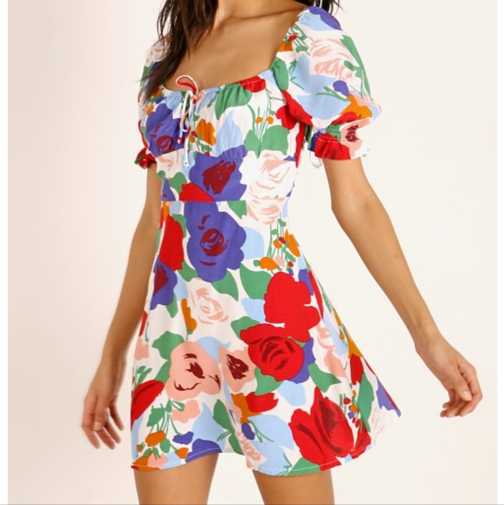 🆕Faithfull the Brand Iris White Multi Floral Print Puff Sleeve Mini Dres